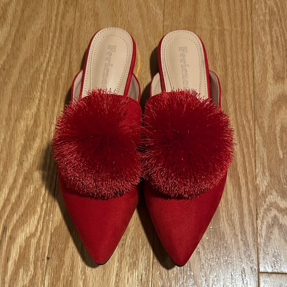Red Pointed Pom-Pom Slip-On Mule NWOT